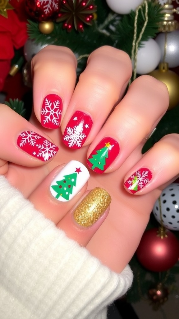 Festive Christmas aesthetic nails with snowflakes, trees, and glitter on a red and green background.